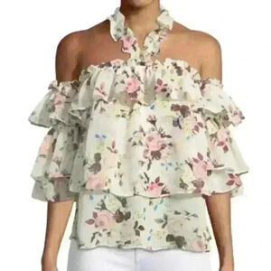 MISA Los Angeles Giselle Off The Shoulder Floral Top Tiered Ruffle Top Size XS